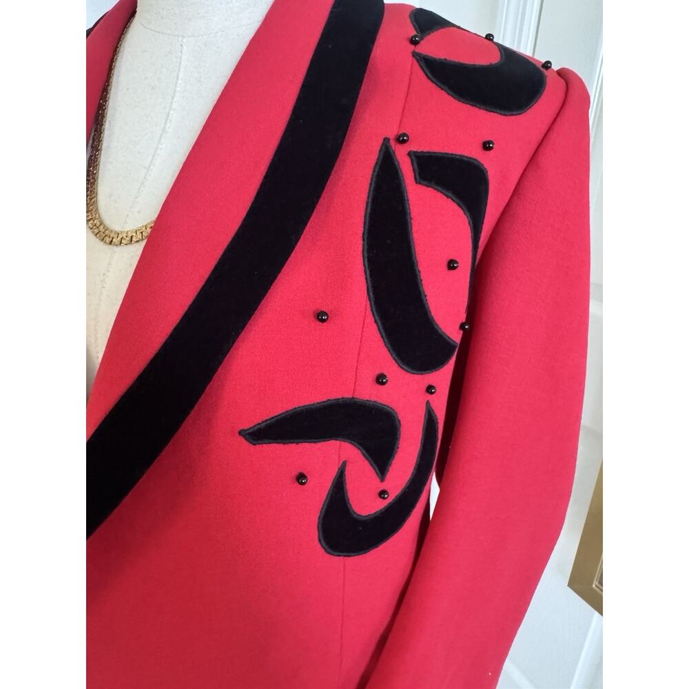 Vintage 80s 90s Red Black Beaded Cropped Short Jacket Open Front Statement MED - Picture 4 of 16